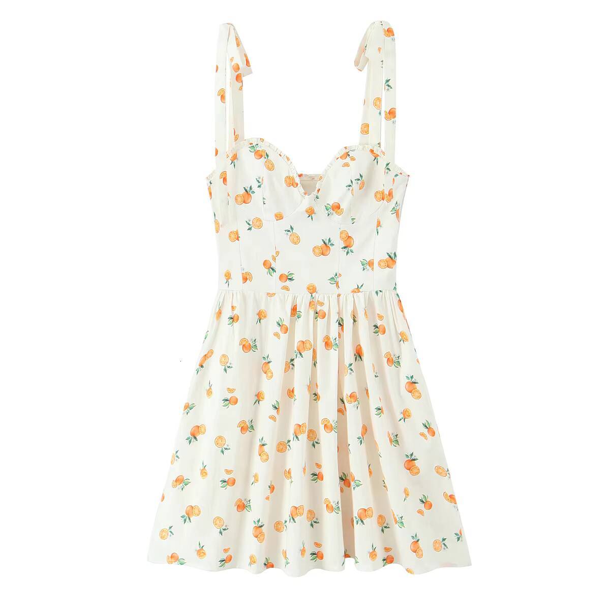 MYSTZA2025 new summer womens casual heart-shaped collar orange print poplin suspender dress short skirt dongdumaoyi