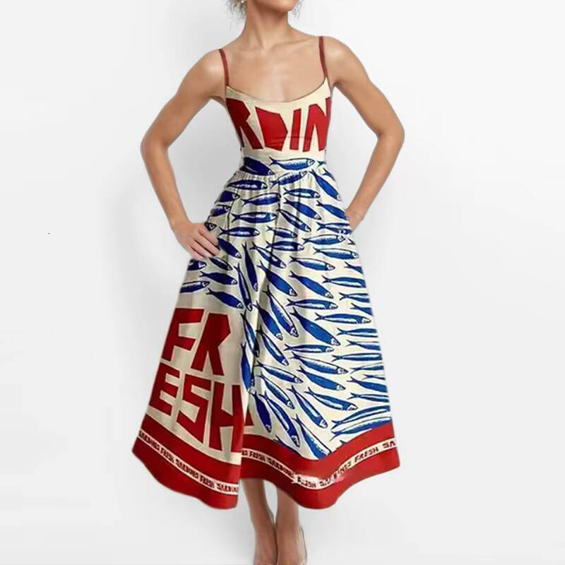 Summer New Womens Fashionable Fish And Shrimp Print U-neck Pleated Waist With Large Swing Suspender Dress Sexy Maxi Vestidos dongdumaoyi