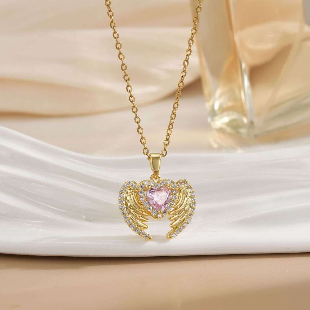 Creative Zircon Inlaid Wings Pendant Titanium Steel Necklace Ins Trend Guardian Heart Elegant Collarbone Chain D8c