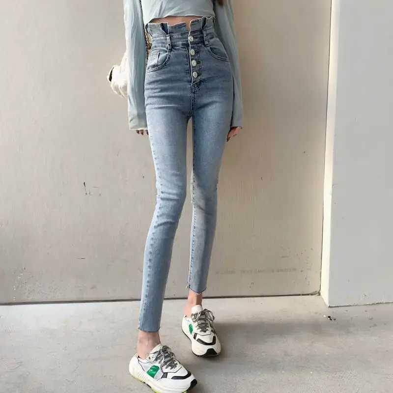 Rhinestone Buttons Woman Pencil Jeans Fashion Fitted Denim Ankle Pants for Women Spring Autumn High Waist Slim Fit Trousers R250716