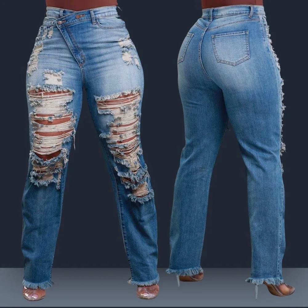 Jeans Ankle Length Women Pencil Denim Hole Pants Ripped Pockets High Waist Jean Skinny Streetwear Button Washed Distressed 250716