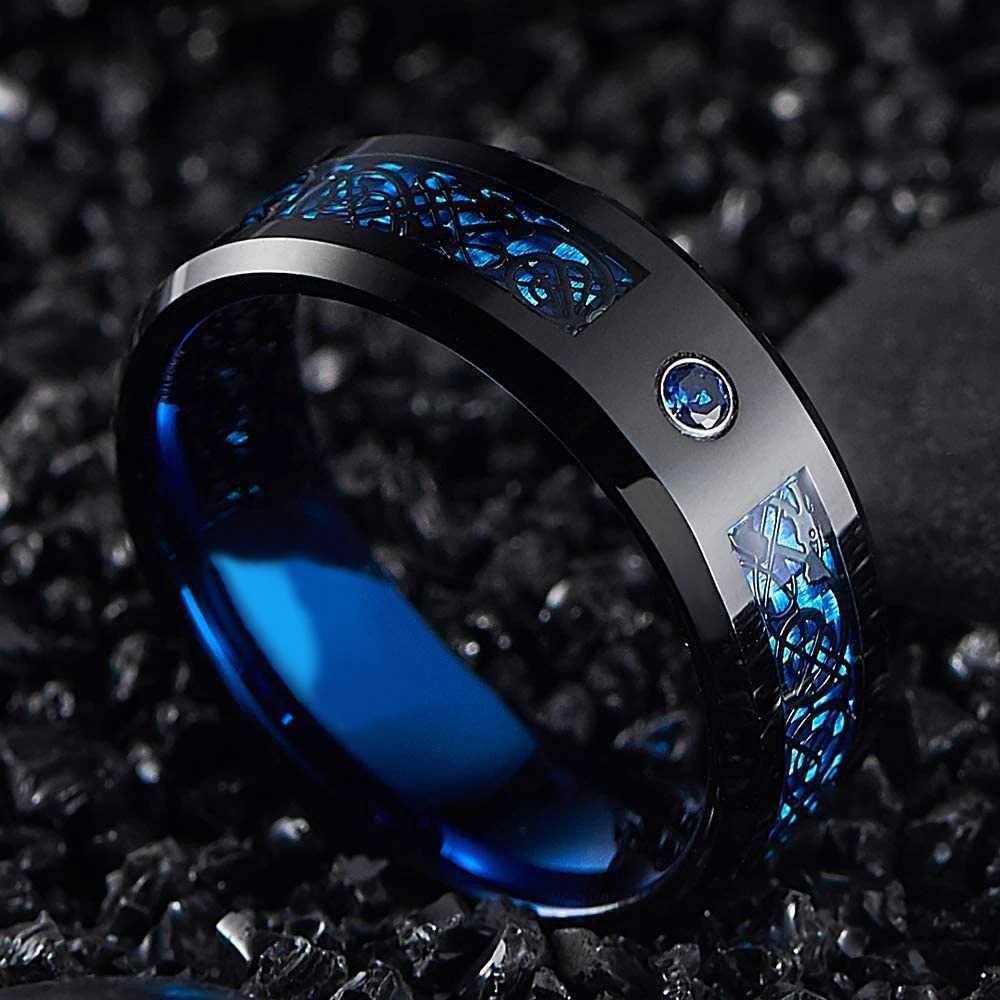 Fashion 8mm Red Groove Beveled Edge Stainless Steel Celtic Dragon Rings for Men Zircon Inlay Carbon Fibre Ring Men Wedding Band S250716
