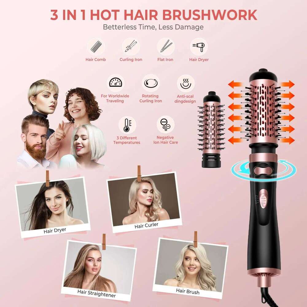 Hair Dryer 3-In-1 Round Spin Set 2 Detachable Auto Rotating Curling Brush Hot Air Styler