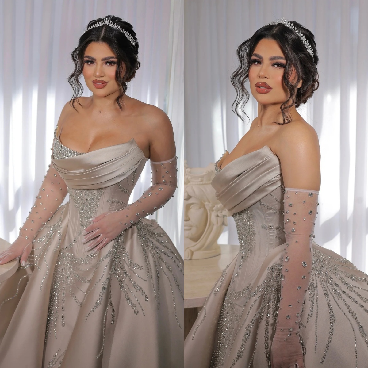 Gorgeous Strapless Ball Gown Wedding Dress Luxury Beading Appliques Bridal Gowns Arabic Sequined Crystal vestido de novia