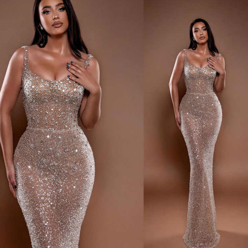 Straps Pink Sequins Party Dress Crystals Maxi Long Prom Dresses Arabic Mermaid Pageant Night Gown Customized Event Dress Prom Gowns vestido de novia