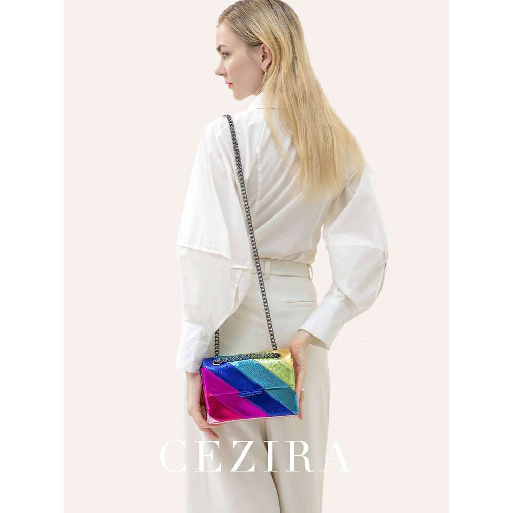 CEZIRA Women Fashion Metallic Rainbow Color Stripes PU Vegan Leather Bag Small Square Magnet Flap Cover Metal Chain Cross Body