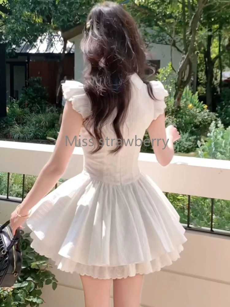 Summer France Elegant Lapel Slim White Dress Women Design Sweet Lace Bow Preppy Style Dresses Fashion Thin New Short Dresses R250716
