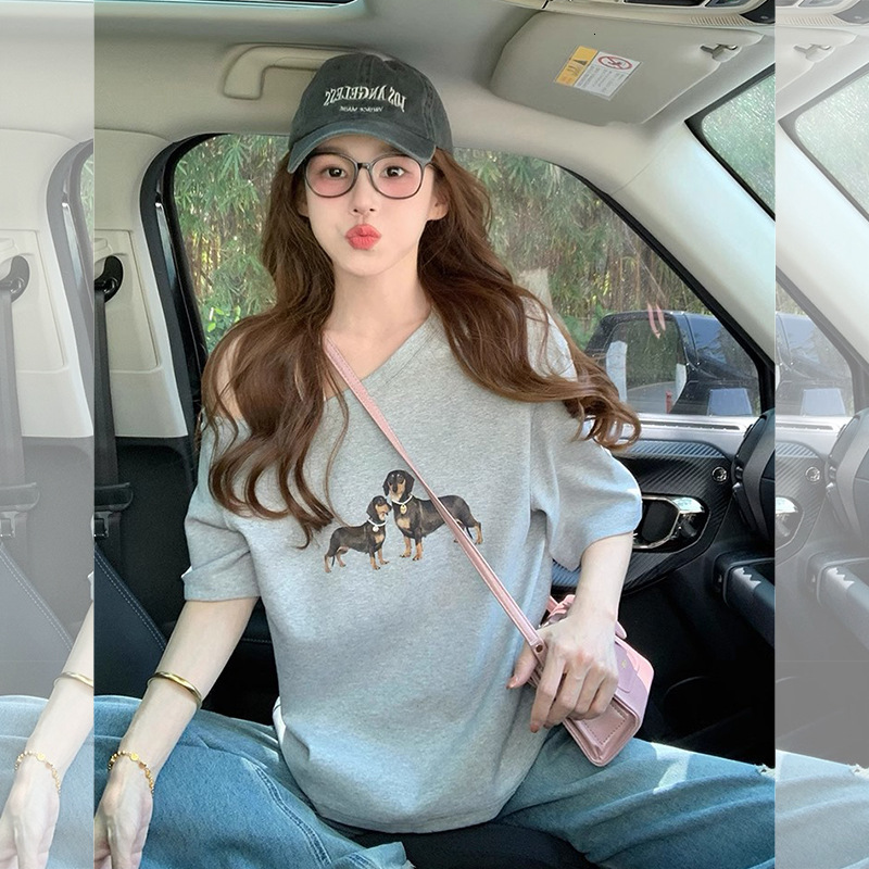 Summer New Women S T Shirt Gray Asymmetrical Short Sleeve T Shirt For Women Summer New Puppy Print Design American Style Loose Off Shoulder Top Ins Ne