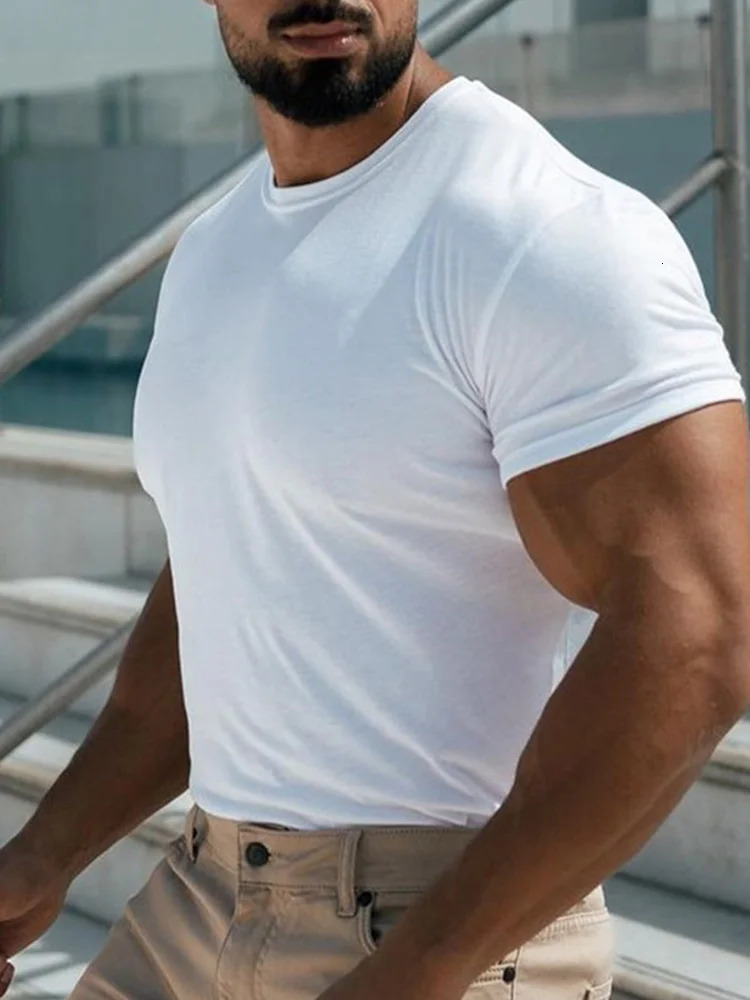 High quality mens short sleeve training T-shirt high elastic cotton breathable quick drying round neck solid color Tops 250715