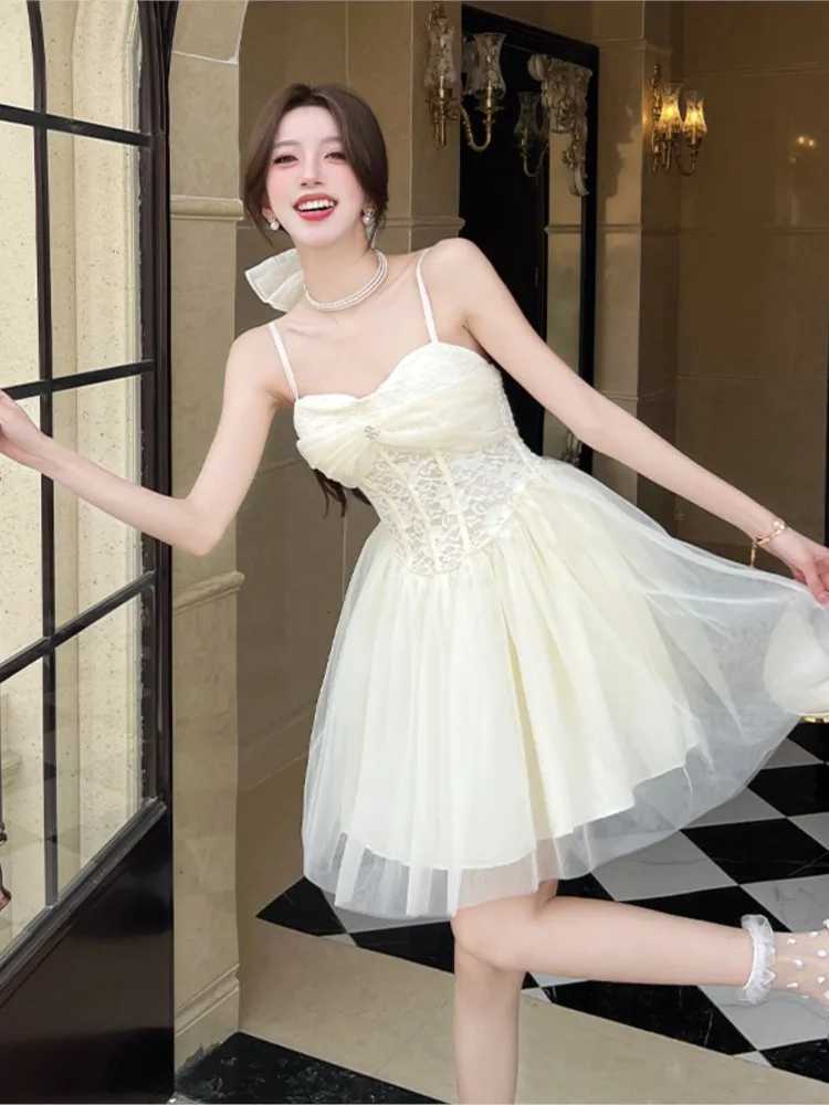 Women Summer Elegant Lace Mesh Strap Princess Dress Korean High Waist A-Line Mini Dresses Birthday Evening Party Chic Ball Gown R250716