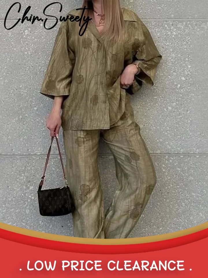 Casual Jacquard Shirt Pants Suit Women Lapel Half Sleeve Button Shirts Wide Leg Pant Suits Female Summer Lady Streetwear Set 250715