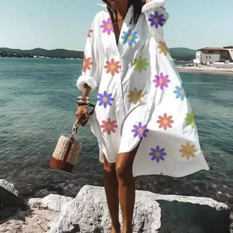 Flowers Printed Beach Shirts Dresses Women Fashion Temperament Loose Midi Shirt Dress Lady Vestidos Spring Summer Casual White dongdumaoyi