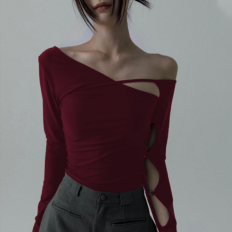 Summer New Women S T Shirt European And American Cross Border Trade Winter Design Street Style Asymmetrical Neck Hollow Out Slim Fit Long Sleeve Top F