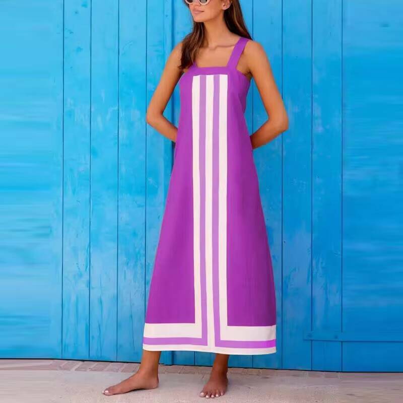 Summer Square Collar Sling Chic Match Patchwork Striped Mini Dresses 2025 Fashion Contrast Color Backless Beach Dress Women New dongdumaoyi