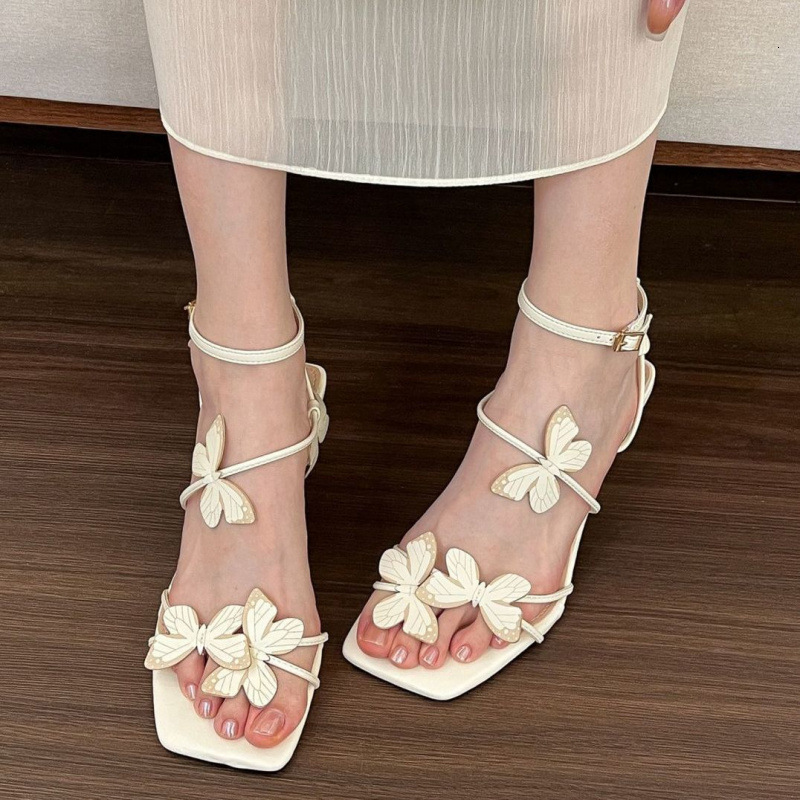 Designer sandals French Stunning Butterfly Square Toe Sandals for Women 2025 New Summer Fashion Fairy Style with Dress Thin Heel High Heels