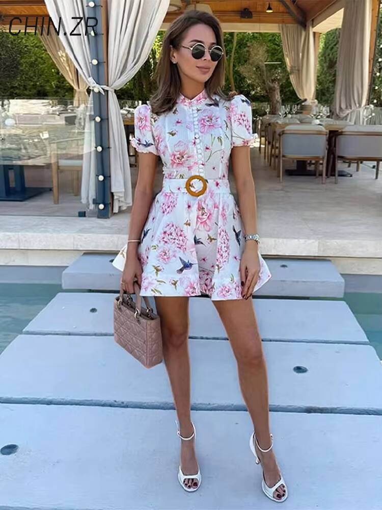 Elegant Print Belt Single Breasted Short Dress Women Stand Collar Puff Sleeve A-line Party Dresses 2025 Summer Lady Holiday Robe dongdumaoyi