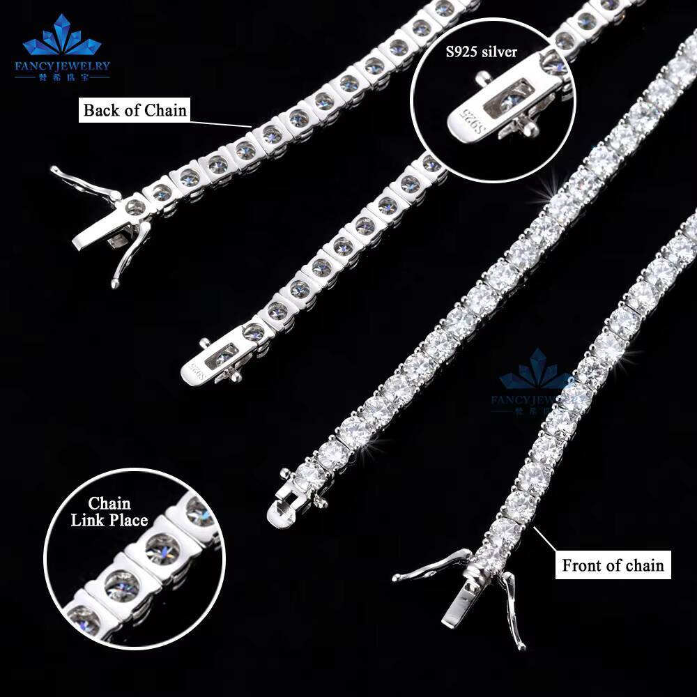 Iced Out Hip Hop Fine Jewelry Necklaces Sterling Silver VVS1 Diamond Moissanite Tennis Chain Necklace 2mm 3mm 4mm Dropshipping