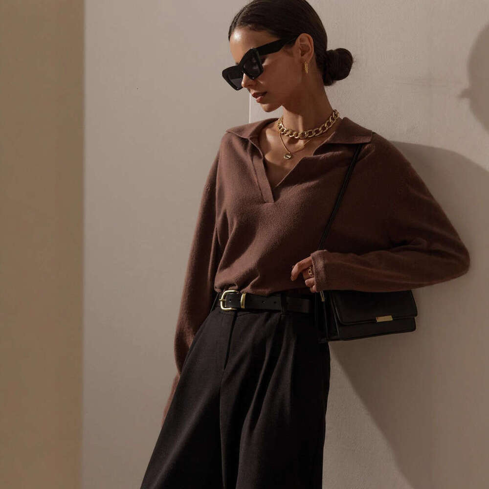 Polo Autumn Winter Casual Versatile Turn-Down Collar Knitted Pullover Sweater For Women B5