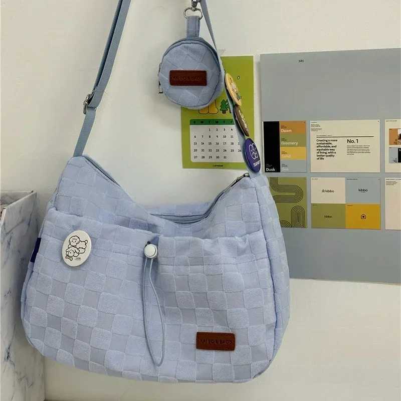 Xiuya Harajuku Style College Crossbody Bag Solid Color Plaid Print Large Capacity Shoulder Bag New Cute Designer Handbag