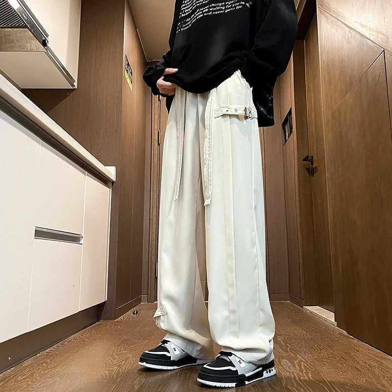 Harajuku Streetwear Men Casual Straight Pants Male Fashion Pleated Long Trousers Ribbons Welt Men Pants Coffee/Black/Rice White y250716