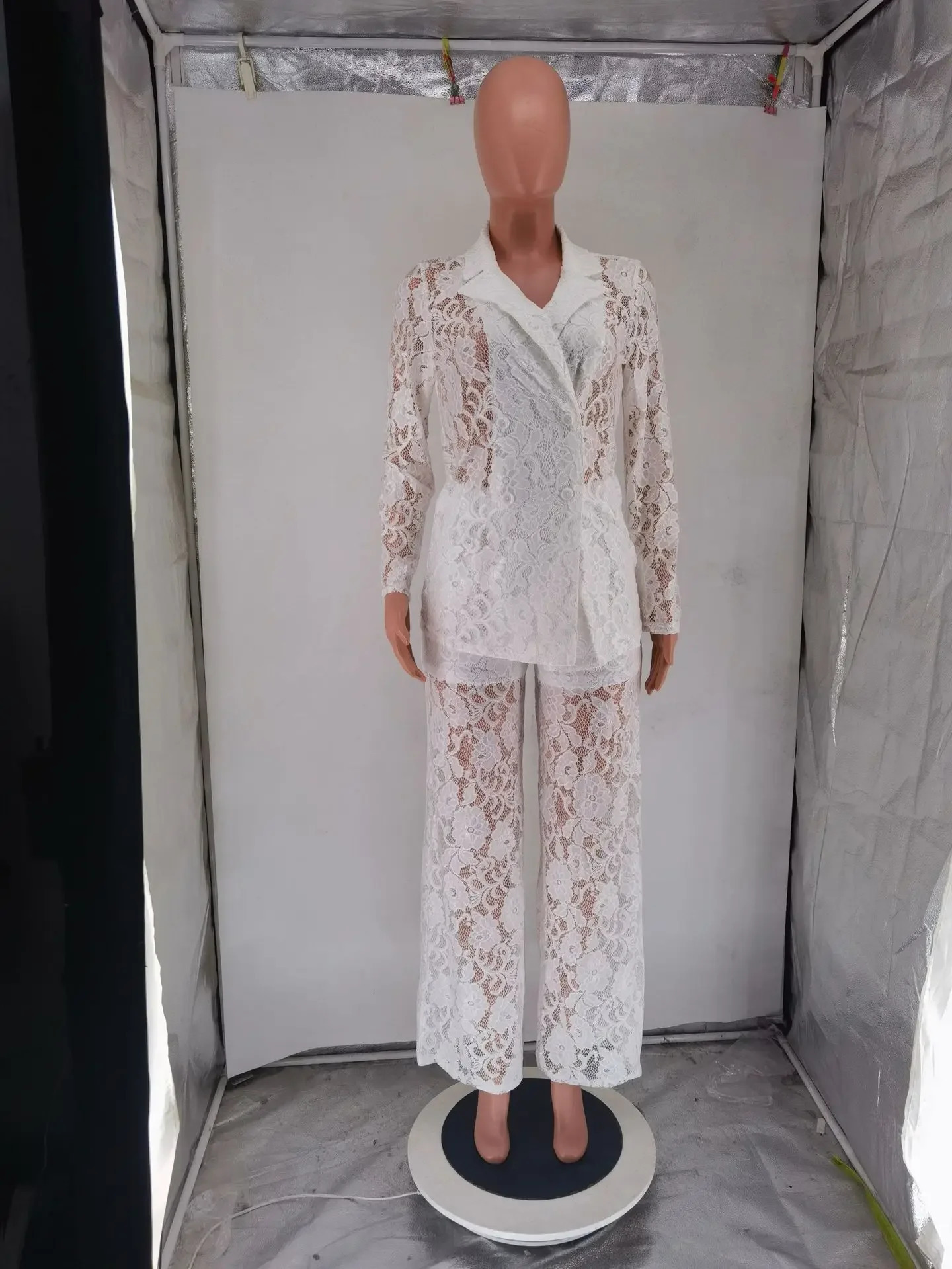 CM.YAYA Vintage Women Lace See Though Long Sleeve Blazer Suit and Wide Leg Straight Pants Set Two 2 Piece Set Outfits 250715