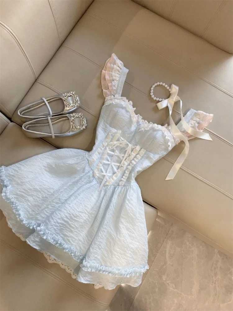 Summer Sweet Fairy Slim Blue Dress Fashion Design Lace Sling Thin Dresses Girl Elegant Chic Square Neck A-line New Outfits 2025 R250716