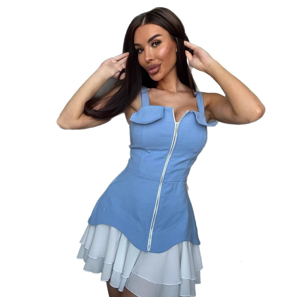 2025 Cross-Border European and American Sexy Slim Zipper Strap Dress for Women, New Foreign Trade Women's Fashion, Patchwork Pleated Short Skirt 