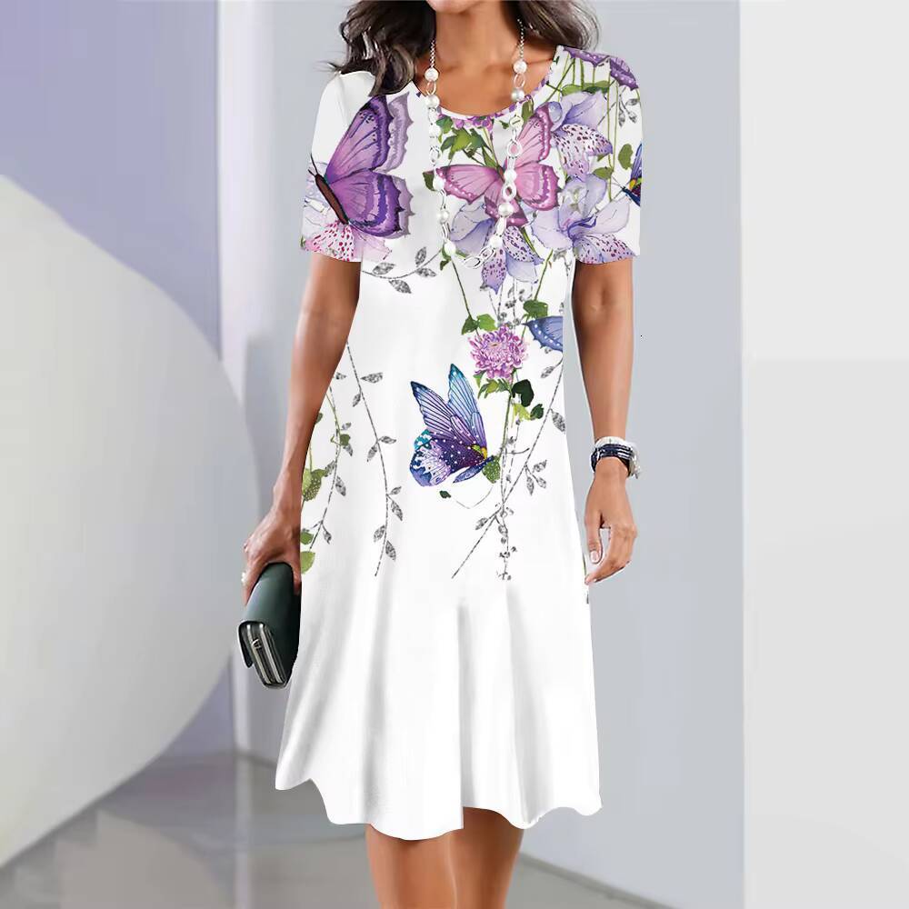 2024 Womens Floral Print Summer Elegant Midi Dresses Female Short Sleeve Dress Fashion Oversized Clothes dongdumaoyi