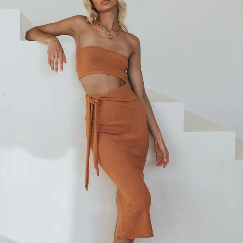 2025 European and American Cross-Border Amazon Dress Women's Fashion Sexy Hollow Out Backless Strapless Lace-Up Knitted for Women