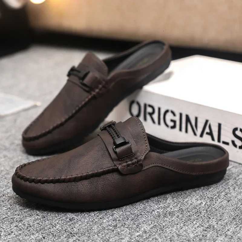 Leather Men Half Slippers Summer Breathable Mens Casual Shoes Slip-on Lazy Driving Shoes Comfortable Walking Loafers Moccasins W250716