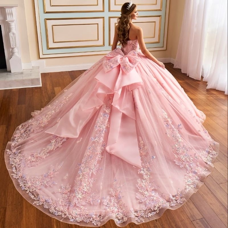 Pink Shiny Quinceanera Dresses Ball Gown Off Shoulder Appliques Lace Bow Beading Tull Corset Sweet 16 Dress Vestidos De 15 Anos