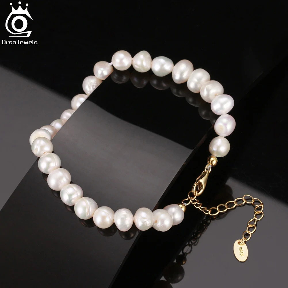 ORSA JEWELS 925 Sterling Silver Bracelet with 14k Gold Rice Natural Freshwater Pearl Chain Bracelet for Women Jewelry GPB10 250712