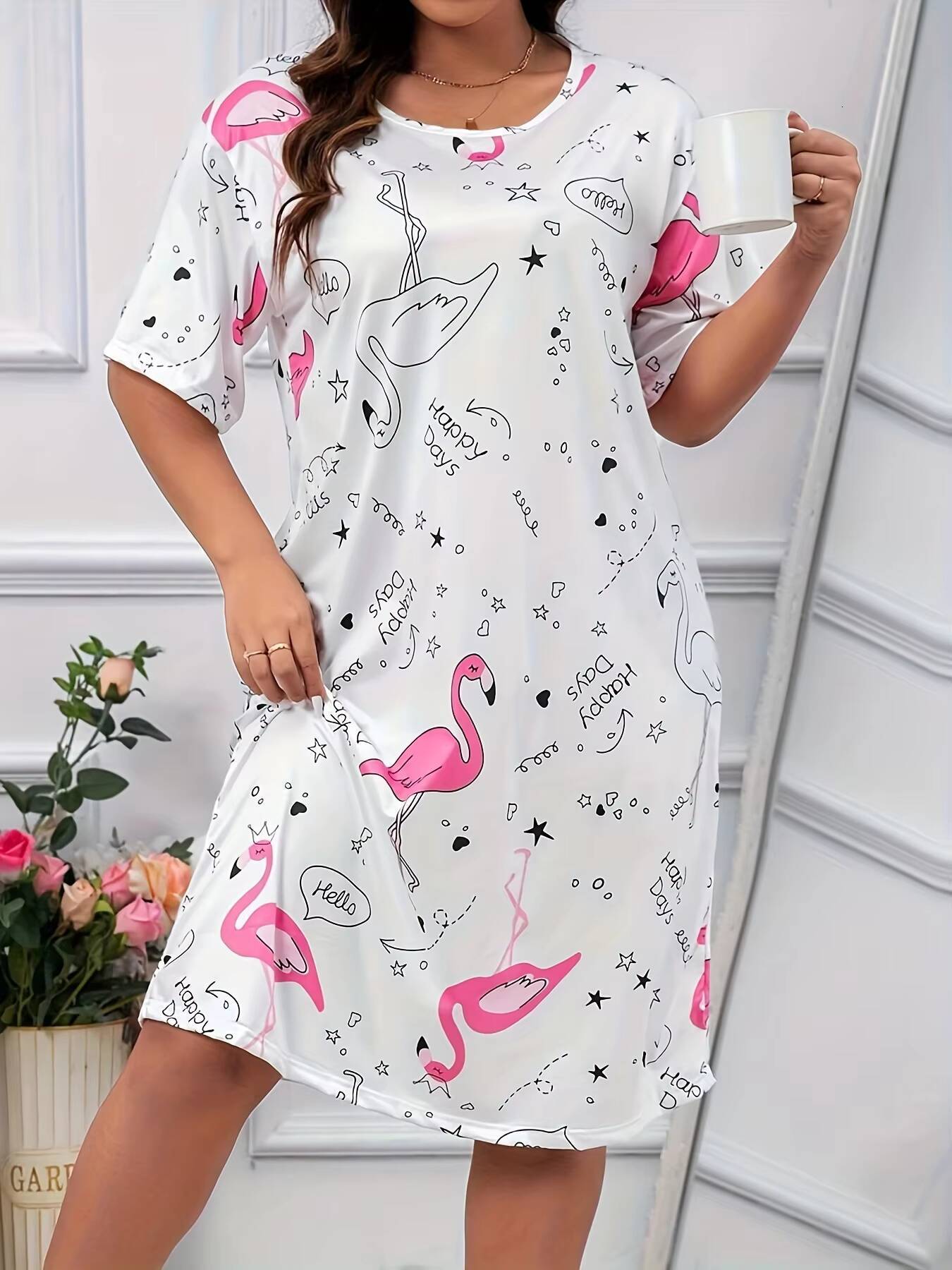 Womens Summer Loose Comfort Short Sleeve Fashion Casual Oversized Female Flamingo Print At Home Dress dongdumaoyi