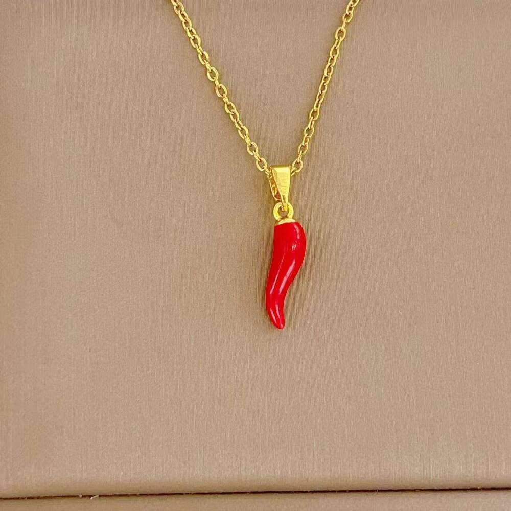 Minimalist Style Stainless Necklace For Women, Unique Red Oil Water Wave Pendant, Smooth Chili Pepper Titanium Steel Collarbone Chain 162