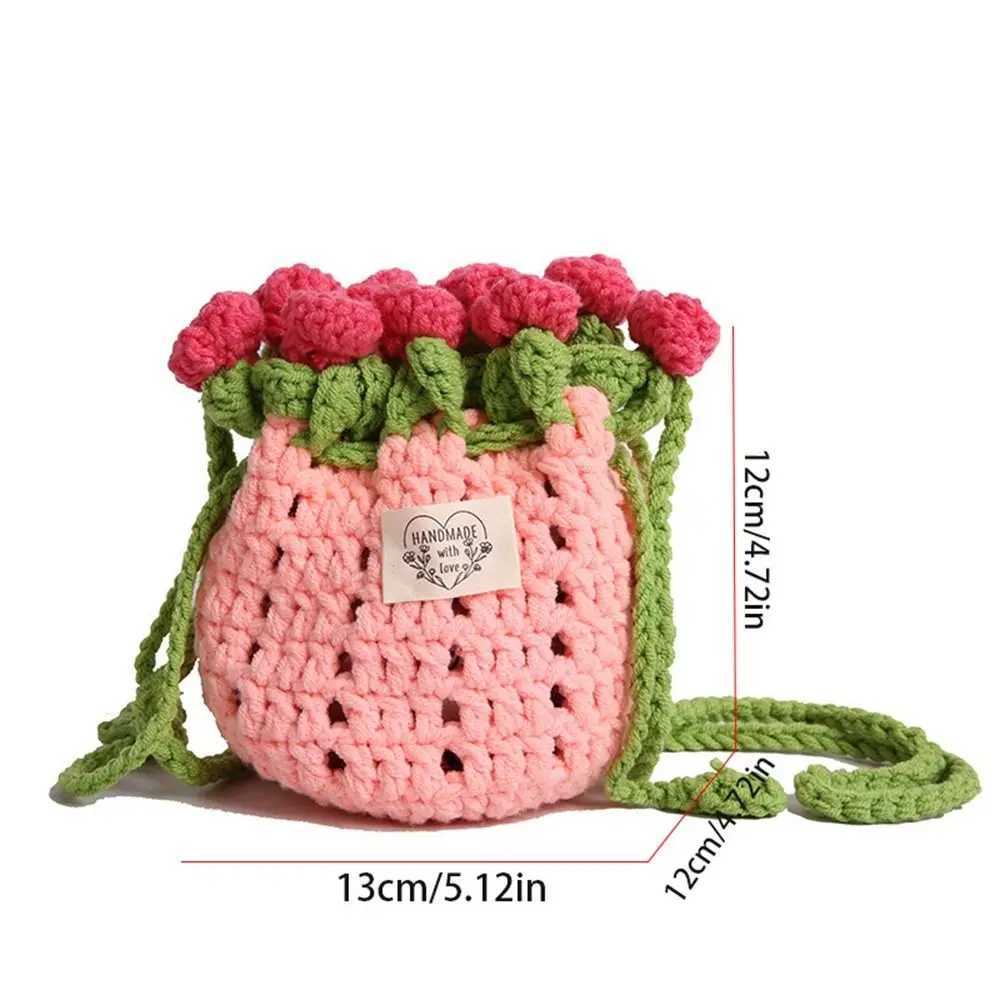 Bohemian Rose Bouquet Weave Bag Cotton Rope Flower Shoulder Bag Storage Bag Large Capacity Rose Beach Bucket Bag Beach
