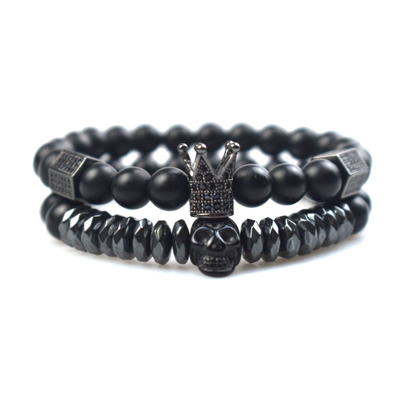 Copper micro-inlaid skull ghost crown hexagonal set bracelet frosted natural stone beaded bracelet 250517