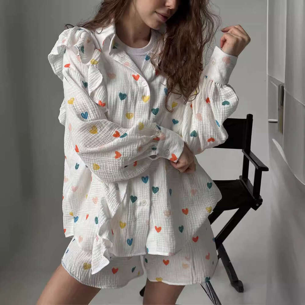 Cotton Gauze Summer Ruffle Design Heart Strawberry Print Shirt Shorts Set B5