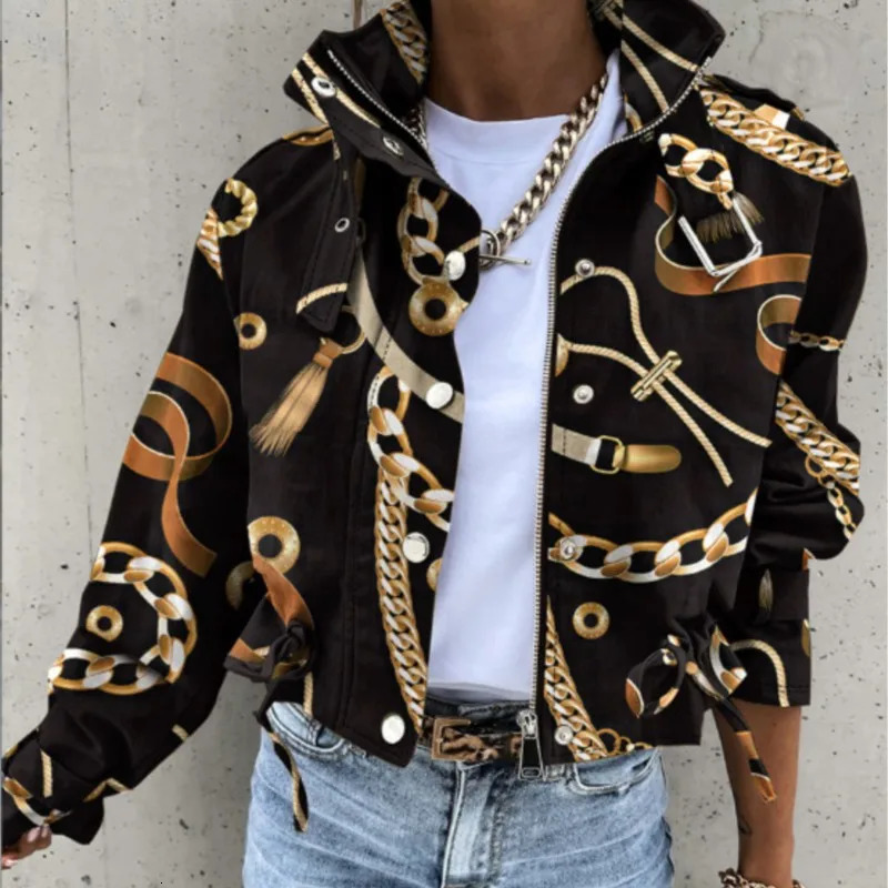 Autumn Winter Print Casual Jacket For Women Short Coats Long Sleeve Pockets Fashion Jackets Y2k High Street Style Coat Female 250715