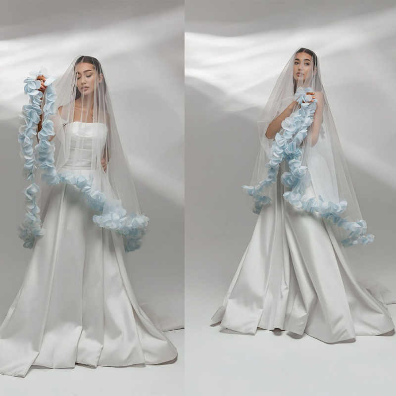 Elegant Wedding Veils One Layer Tulle Appliques Headdress Lace Tulle White Ivory Flower Edge Bridal Veil Customized Length Veils V3243
