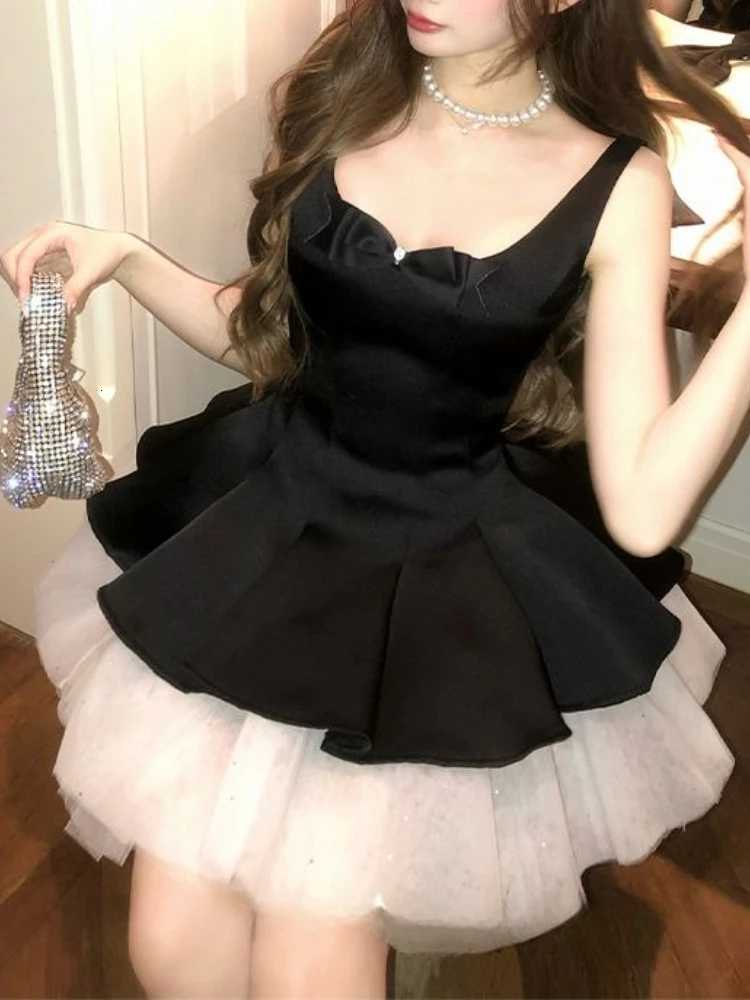 French Elegant Princess Style Slim Dress Women Mesh Black White Contrasting Puffy Dresses Summer Hepburn Chic Party Clothes 2025 R250716