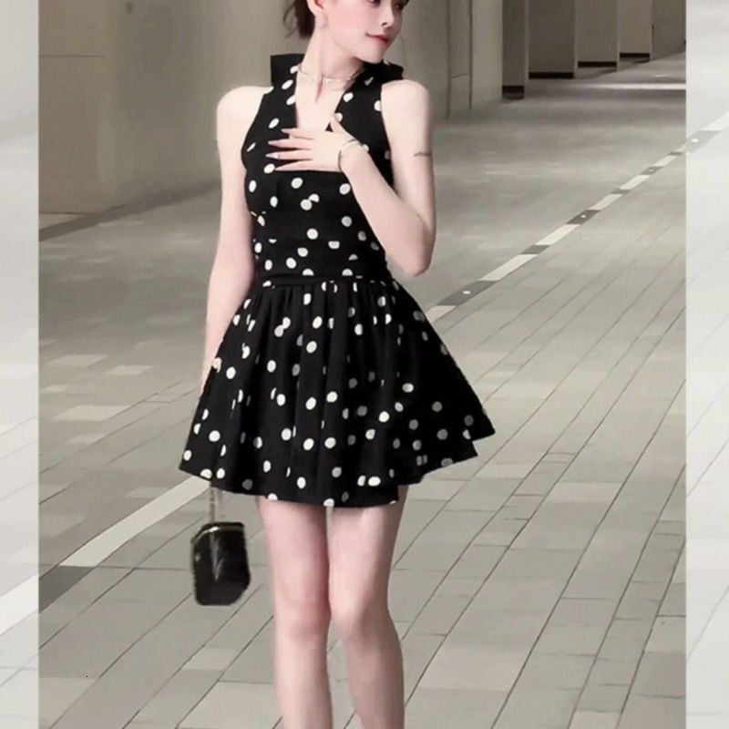 2025 French Style Bow V-neck Polka Dot Sleeveless Dress for Women Summer New Waist Slimming A-line Short