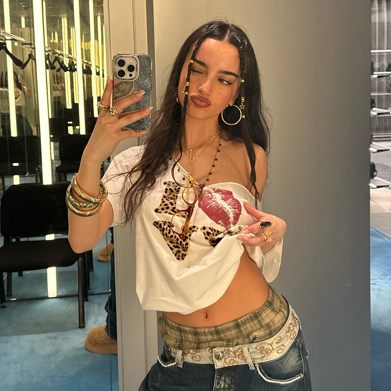 Summer New Women S T Shirt American Street Style Hot Girl Outfit Letter Print Cross Border Off Shoulder V Neck Loose Casual Versatile Short Top Design