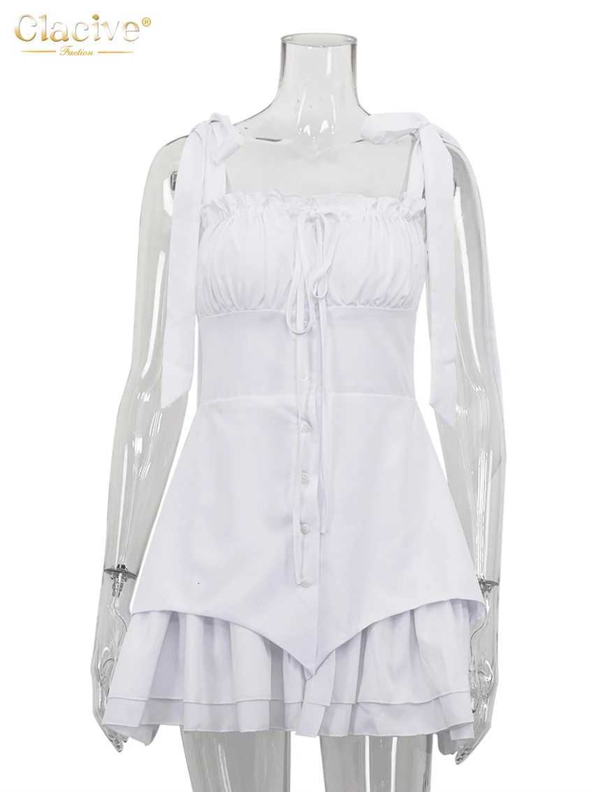 2024 Clacive Summer Slim White Womens Dress Fashion Strap Sleeveless Mini Dresses Elegant Classic Lace-Up Pleated Female Dress R250716