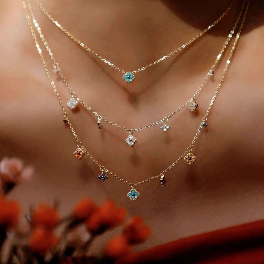 S Pure Sier Lucky Four-Leaf Flower Mini Necklace for Women, Niche Design, French Elegant Colorful Light Gift