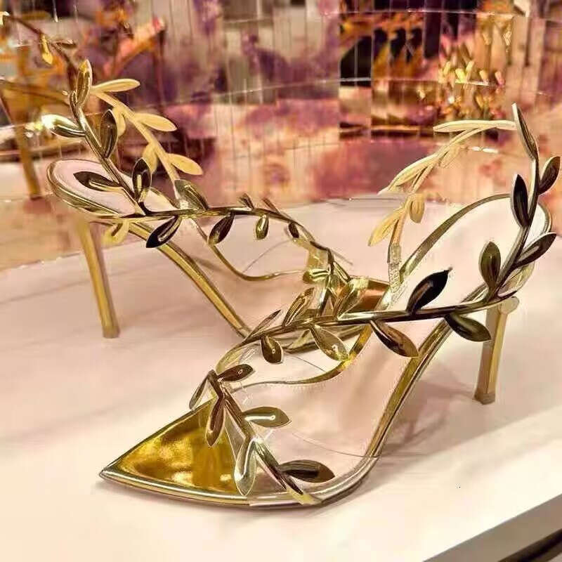 Quality ~ Design Sense Golden Branch Jade Leaf Gold Sandals 2025 Summer Ins Thin Heel Pointed Open Toe High Heels for Women