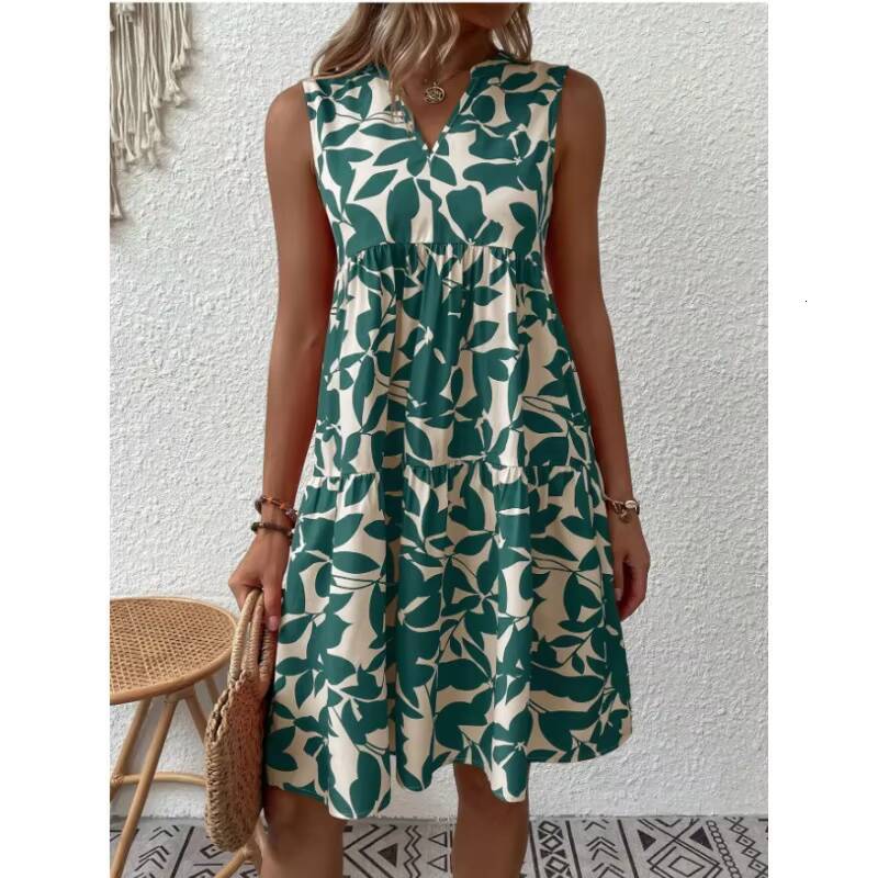 Women V Neck Sleeveless Floral Print Mini Party Dress Summer Fashion Boho Beachwear Holiday Pleated Dresses YED-X2432 dongdumaoyi