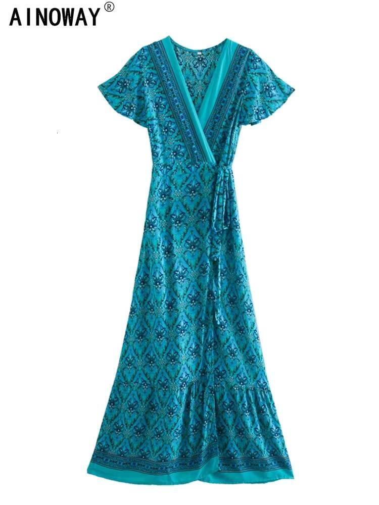 Summer Vintage Floral Print Wrap Long Boho Dresses Women 2025 Fashion V Neck Bow Tie Sashes Rayon Beach Maxi Dress Vestidos dongdumaoyi