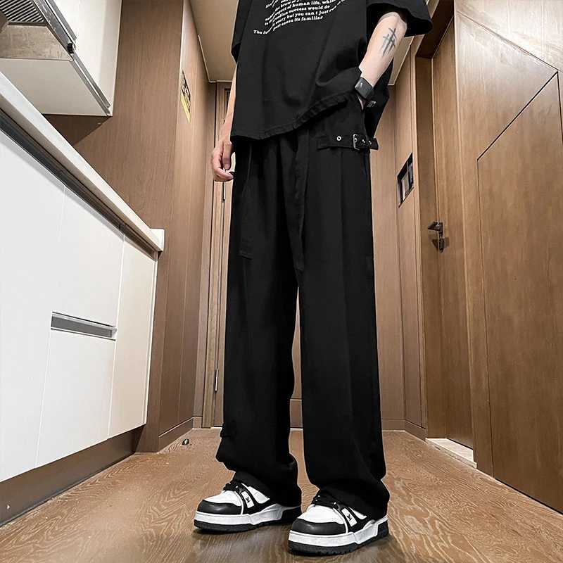 Harajuku Streetwear Men Casual Straight Pants Male Fashion Pleated Long Trousers Ribbons Welt Men Pants Coffee/Black/Rice White y250716