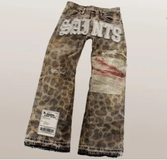 Streetwear American street retro leopard print jeans men and women fashion Harajuku shabby denim punk letter pattern patch pants 250715