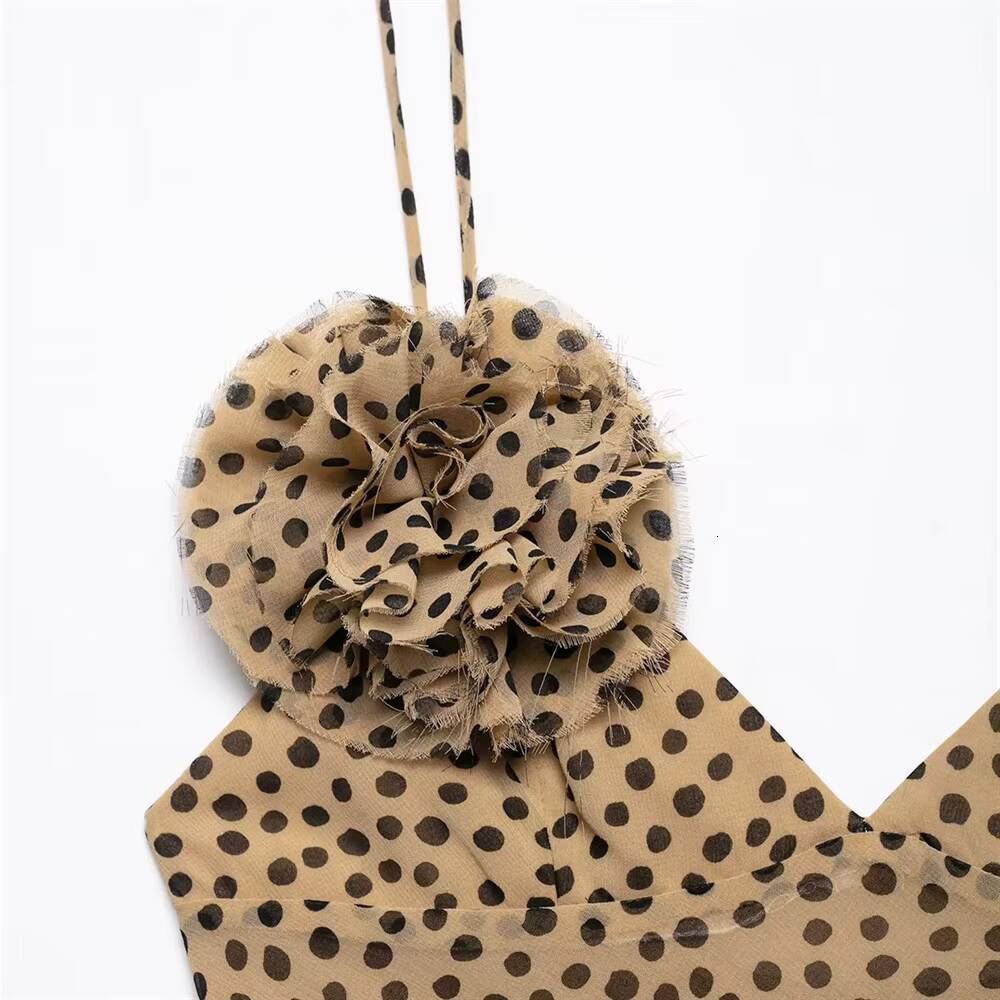 2025Polka dot sling three-dimensional decorative flower V-neck backless holiday style loose dress summer womens wear dongdumaoyi